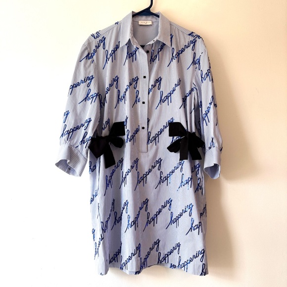 Sandro Bleu Ciel Mini Shirt Dress Pinstripes Sequins Blue White - Picture 3 of 14